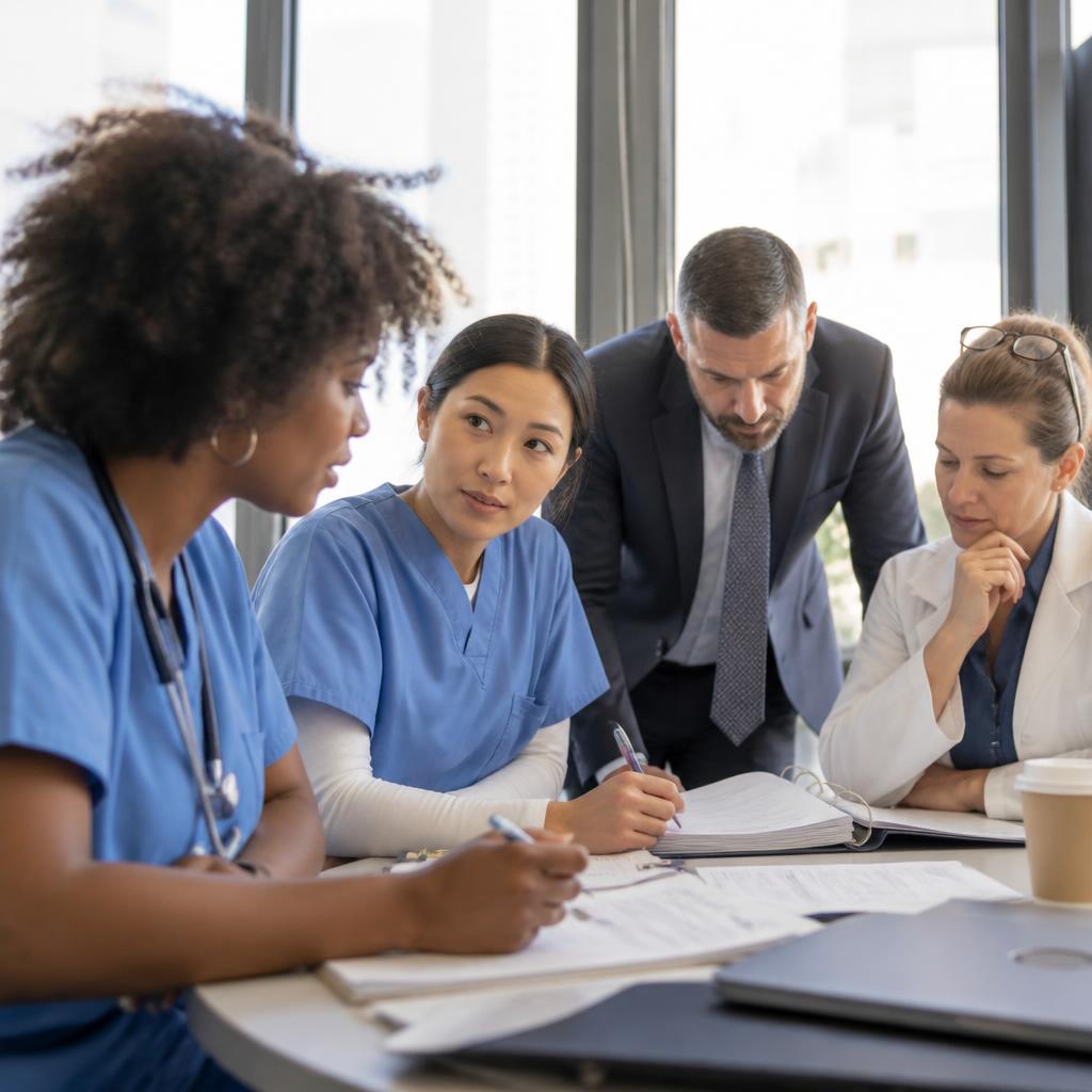 Healthcare team collaborating in a modern clinical office
