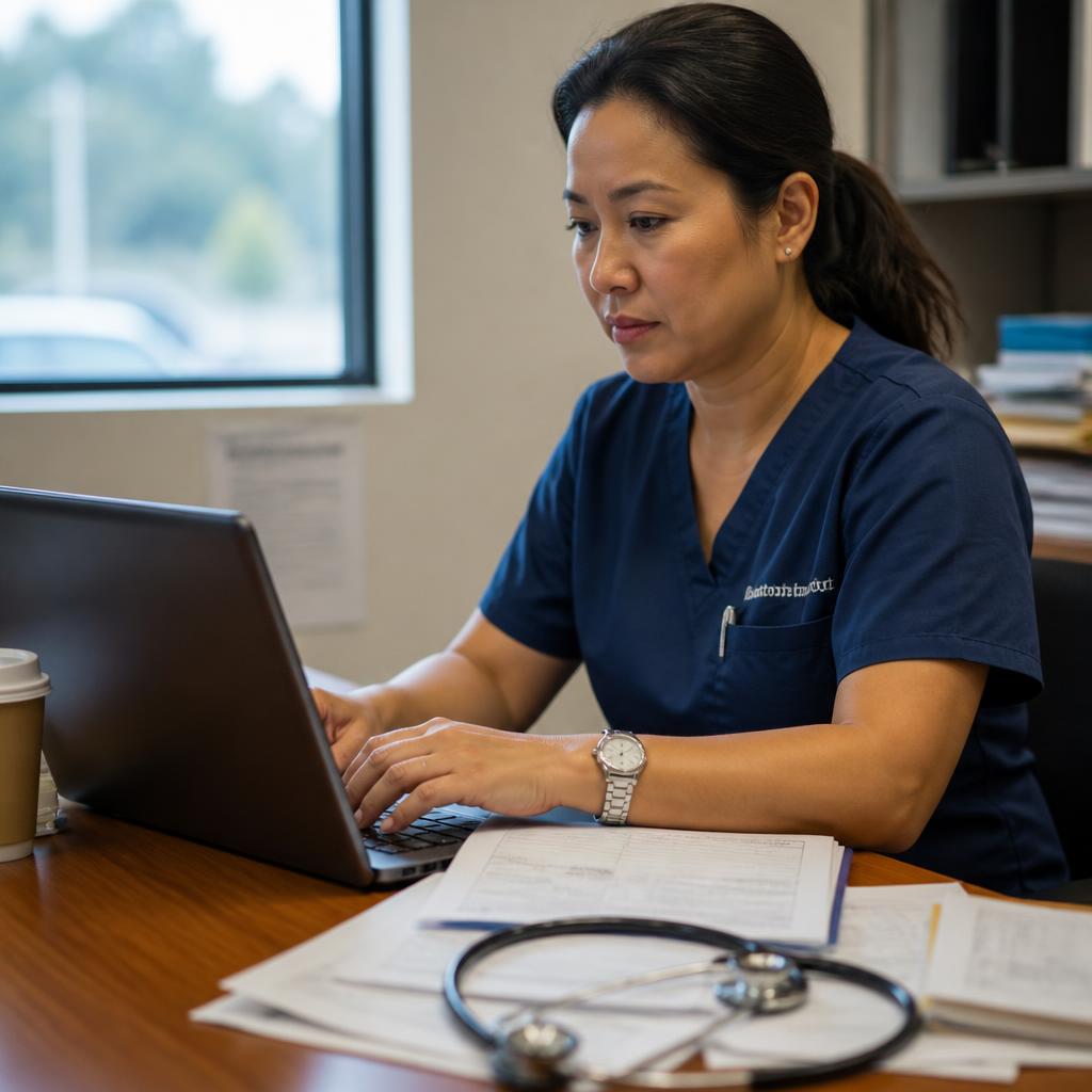 Analyst reviewing a revenue cycle audit report on laptop with stethoscope